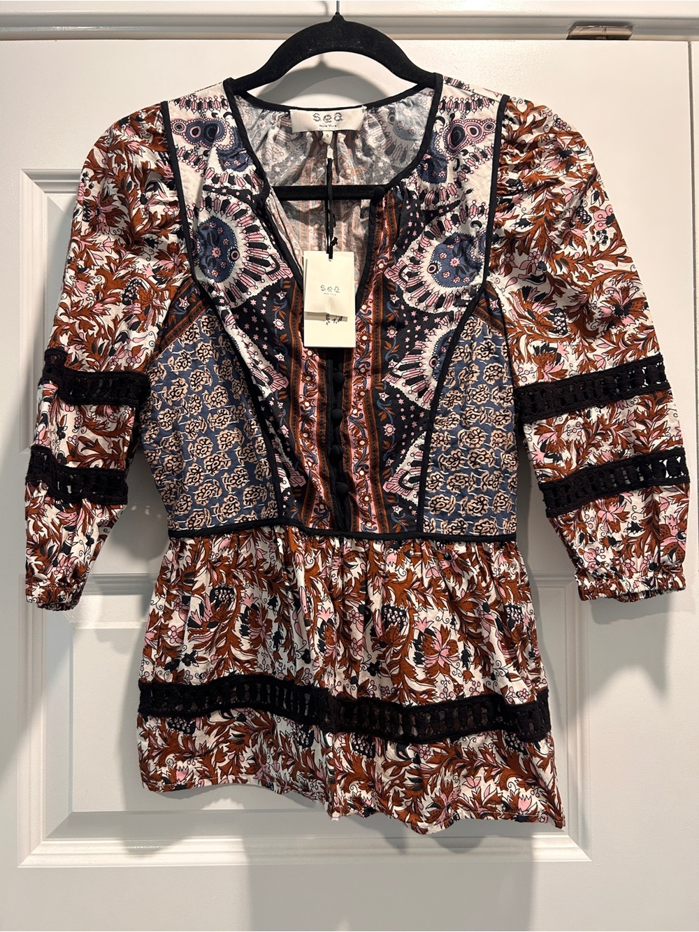 Sea New York Multi-Print Patchwork Tunic in Brown and Navy